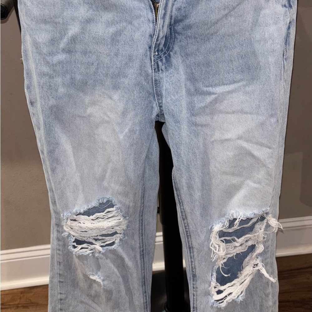 Light Blue Distressed Straight Leg Jeans